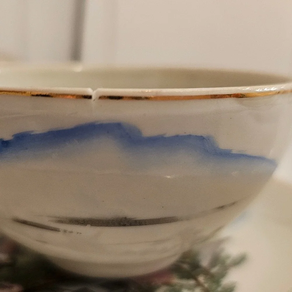 Vintage Japanese Lithophane Porcelain Tea Cup Saucer Set 4 Geisha Pagoda Gold